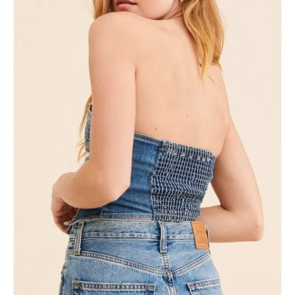 Free People Miray Denim Tube Top Size Medium Blue Medium Wash Strapless Crop - Picture 2 of 5